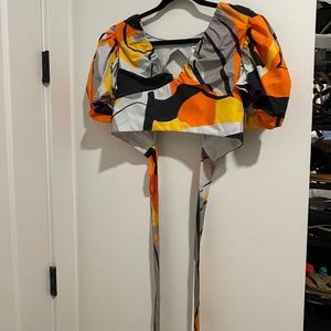 Never Worn Abstract Print Puff Sleeve Crop Top and Ruffle Mini Skirt Set